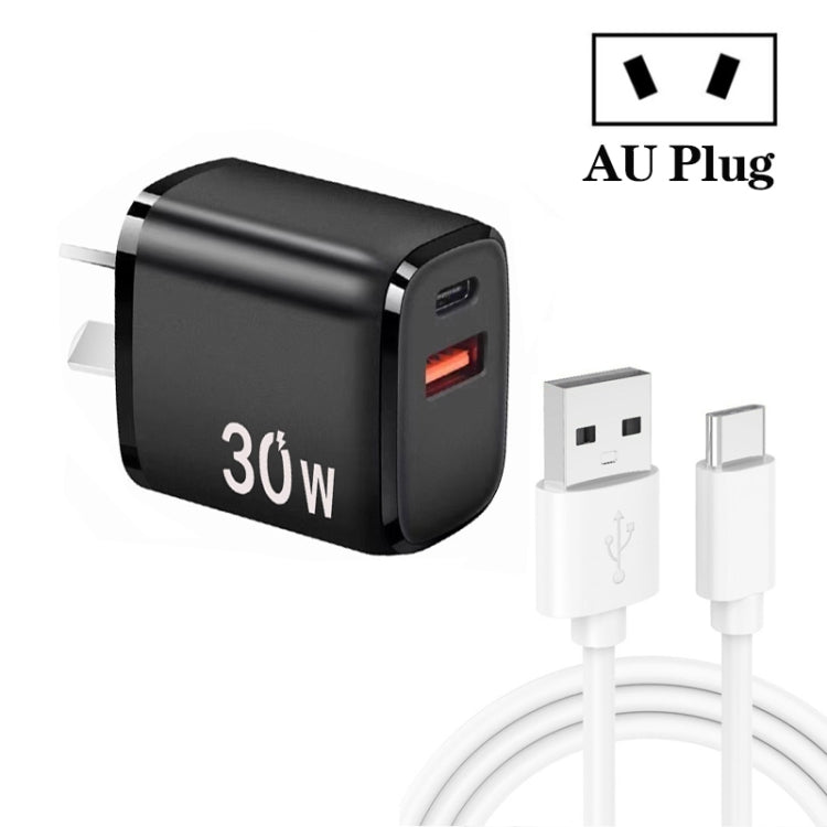 PD30W USB-C / Type-C + QC3.0 USB Charger with 1m USB to Type-C Data Cable, AU Plug(Black) - free shipping - PMC TechLife - Order now!