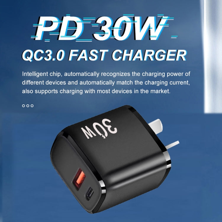 PD30W USB-C / Type-C + QC3.0 USB Charger with 1m USB to Micro USB Data Cable, AU Plug(Black) - USB Charger by PMC TechLife | Online Shopping South Africa | PMC TechLife | Buy Now Pay Later Mobicred