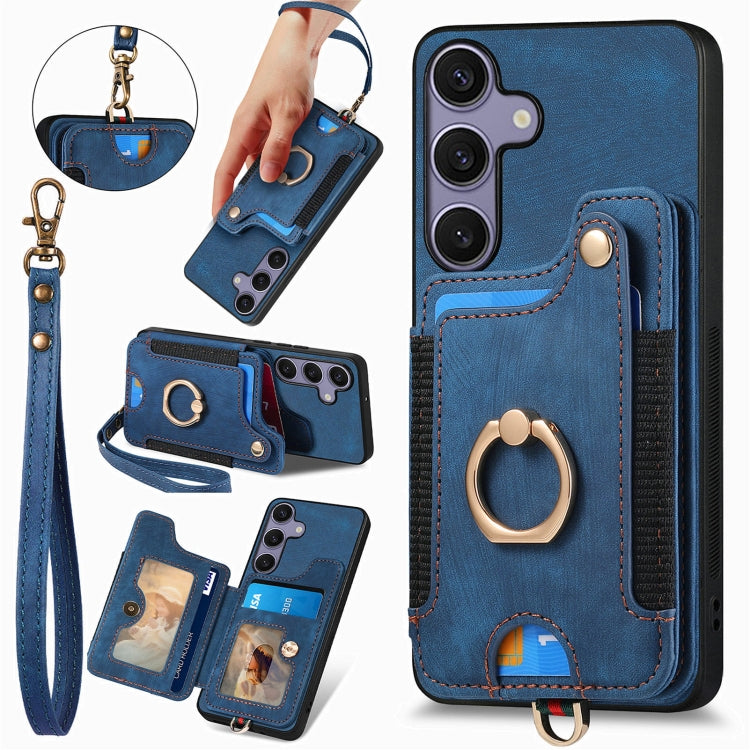 For Samsung Galaxy S25 5G Retro Skin-feel Ring Multi-card Wallet Phone Case(Blue) - Galaxy S25 5G Cases by PMC TechLife | Online Shopping South Africa | PMC TechLife | Buy Now Pay Later Mobicred
