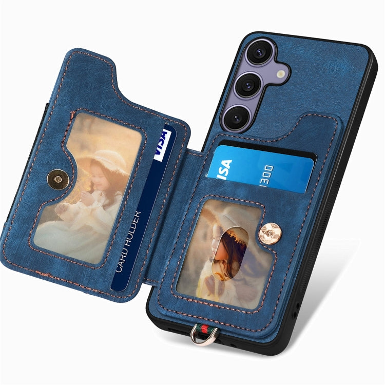 For Samsung Galaxy S25 5G Retro Skin-feel Ring Multi-card Wallet Phone Case(Blue) - Galaxy S25 5G Cases by PMC TechLife | Online Shopping South Africa | PMC TechLife | Buy Now Pay Later Mobicred