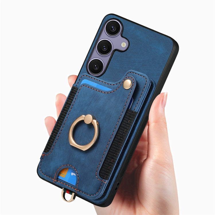 For Samsung Galaxy S25 5G Retro Skin-feel Ring Multi-card Wallet Phone Case(Blue) - Galaxy S25 5G Cases by PMC TechLife | Online Shopping South Africa | PMC TechLife | Buy Now Pay Later Mobicred