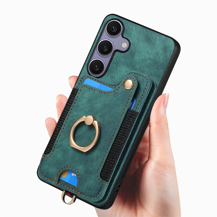 For Samsung Galaxy S25 5G Retro Skin-feel Ring Multi-card Wallet Phone Case(Green) - Galaxy S25 5G Cases by PMC TechLife | Online Shopping South Africa | PMC TechLife | Buy Now Pay Later Mobicred
