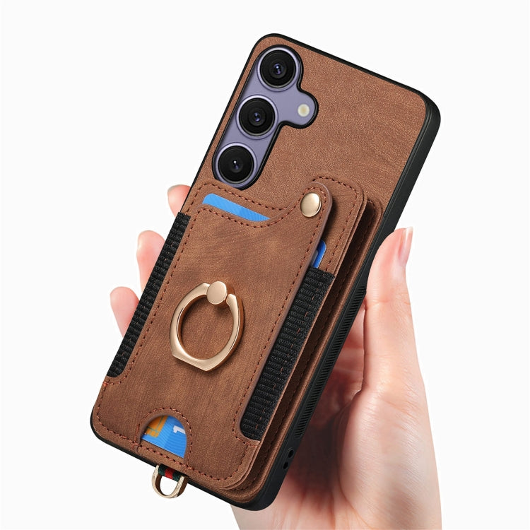 For Samsung Galaxy S25 5G Retro Skin-feel Ring Multi-card Wallet Phone Case(Brown) - Galaxy S25 5G Cases by PMC TechLife | Online Shopping South Africa | PMC TechLife | Buy Now Pay Later Mobicred