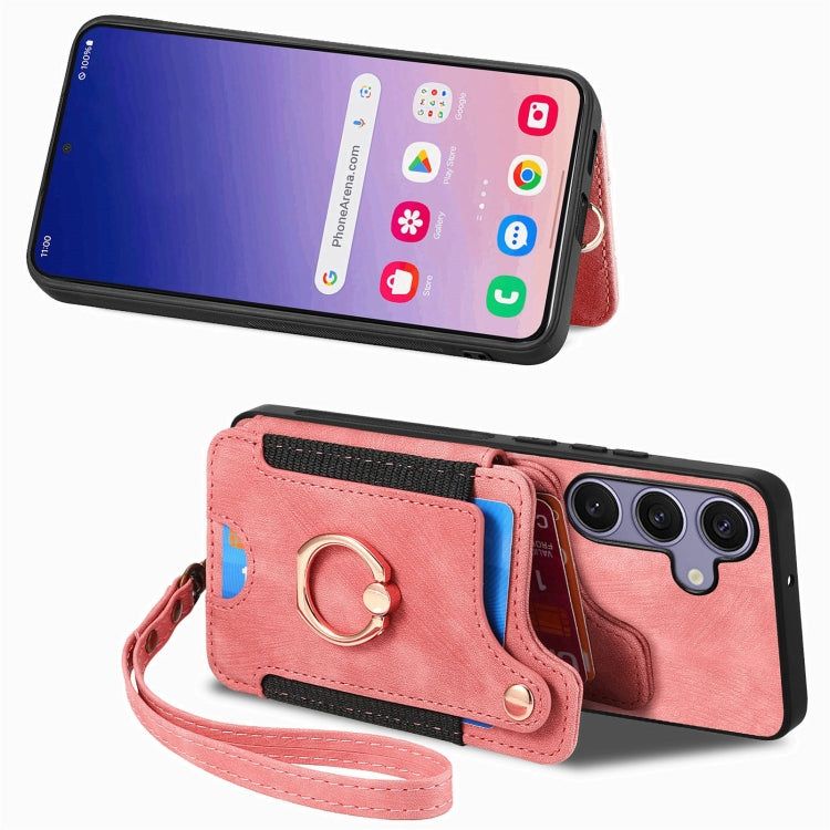 For Samsung Galaxy S25+ 5G Retro Skin-feel Ring Multi-card Wallet Phone Case(Pink) - Galaxy S25+ 5G Cases by PMC TechLife | Online Shopping South Africa | PMC TechLife | Buy Now Pay Later Mobicred