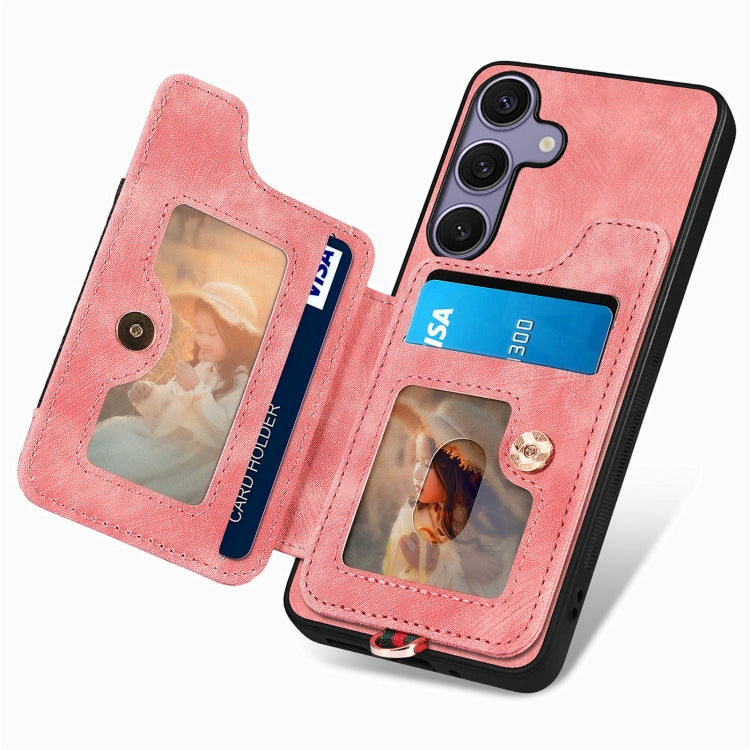 For Samsung Galaxy S25+ 5G Retro Skin-feel Ring Multi-card Wallet Phone Case(Pink) - Galaxy S25+ 5G Cases by PMC TechLife | Online Shopping South Africa | PMC TechLife | Buy Now Pay Later Mobicred