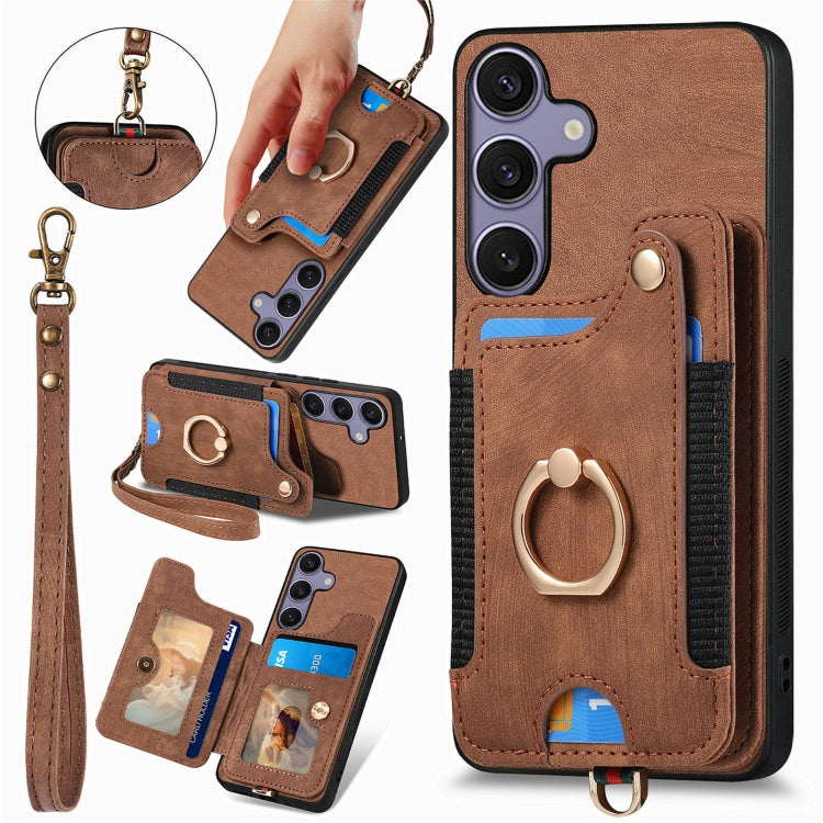 For Samsung Galaxy S25+ 5G Retro Skin-feel Ring Multi-card Wallet Phone Case(Brown) - Galaxy S25+ 5G Cases by PMC TechLife | Online Shopping South Africa | PMC TechLife | Buy Now Pay Later Mobicred