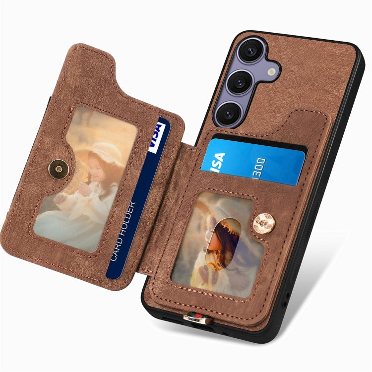 For Samsung Galaxy S25+ 5G Retro Skin-feel Ring Multi-card Wallet Phone Case(Brown) - Galaxy S25+ 5G Cases by PMC TechLife | Online Shopping South Africa | PMC TechLife | Buy Now Pay Later Mobicred