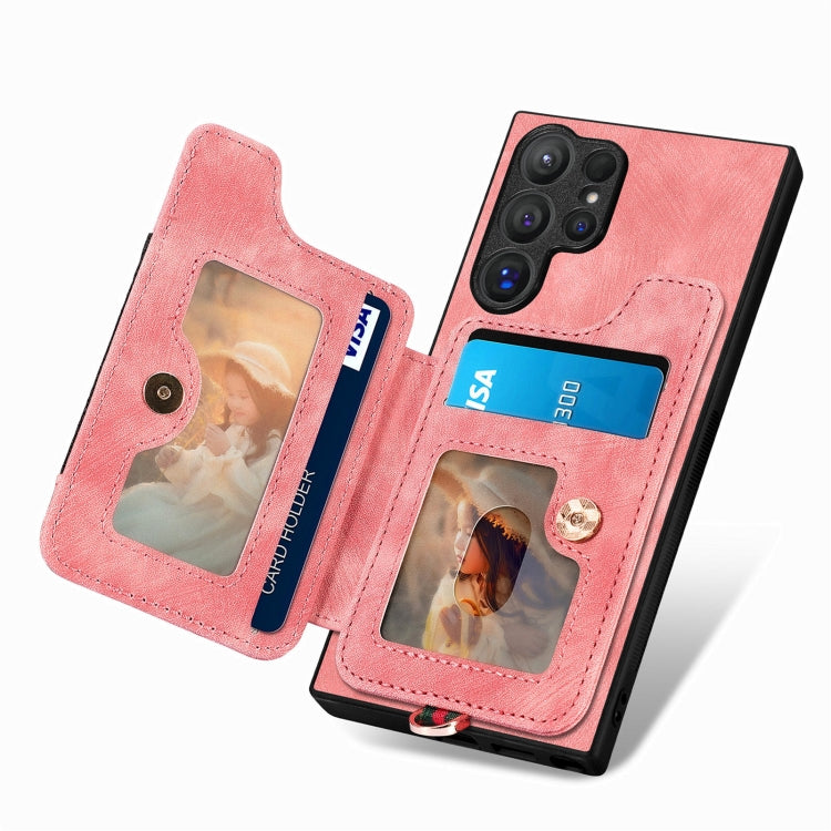 For Samsung Galaxy S25 Ultra 5G Retro Skin-feel Ring Multi-card Wallet Phone Case(Pink) - free shipping - PMC TechLife - Order now!