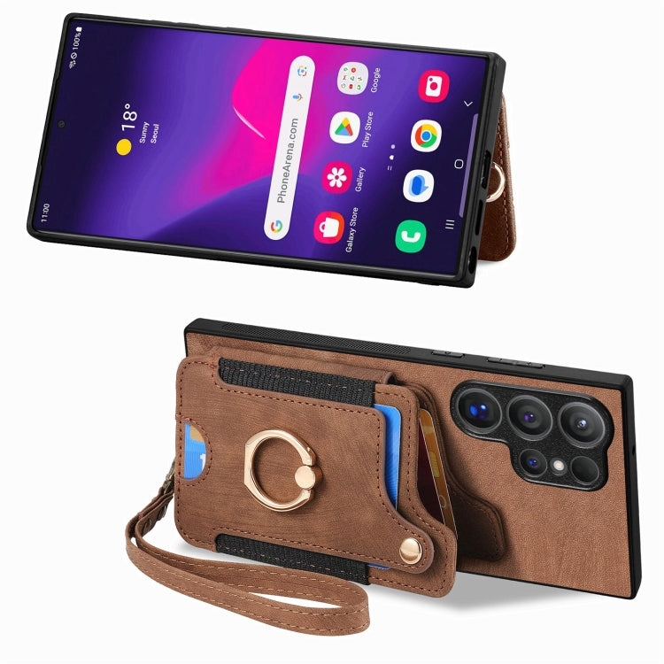 For Samsung Galaxy S25 Ultra 5G Retro Skin-feel Ring Multi-card Wallet Phone Case(Brown) - Galaxy S25 Ultra 5G Cases by PMC TechLife | Online Shopping South Africa | PMC TechLife | Buy Now Pay Later Mobicred