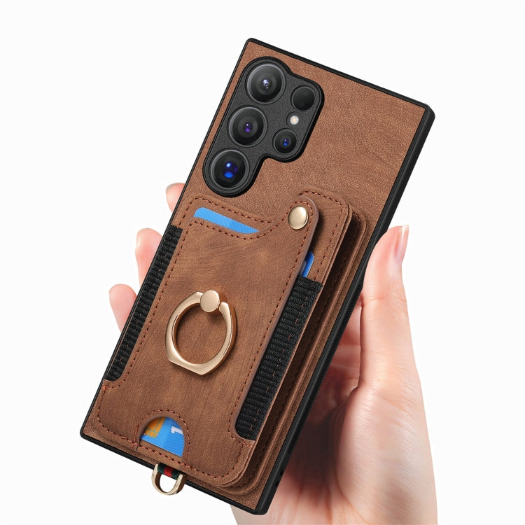 For Samsung Galaxy S25 Ultra 5G Retro Skin-feel Ring Multi-card Wallet Phone Case(Brown) - Galaxy S25 Ultra 5G Cases by PMC TechLife | Online Shopping South Africa | PMC TechLife | Buy Now Pay Later Mobicred