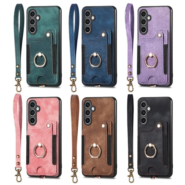 For Samsung Galaxy S25+ 5G Retro Skin-feel Ring Multi-card Wallet Phone Case(Pink) - Galaxy S25+ 5G Cases by PMC TechLife | Online Shopping South Africa | PMC TechLife | Buy Now Pay Later Mobicred