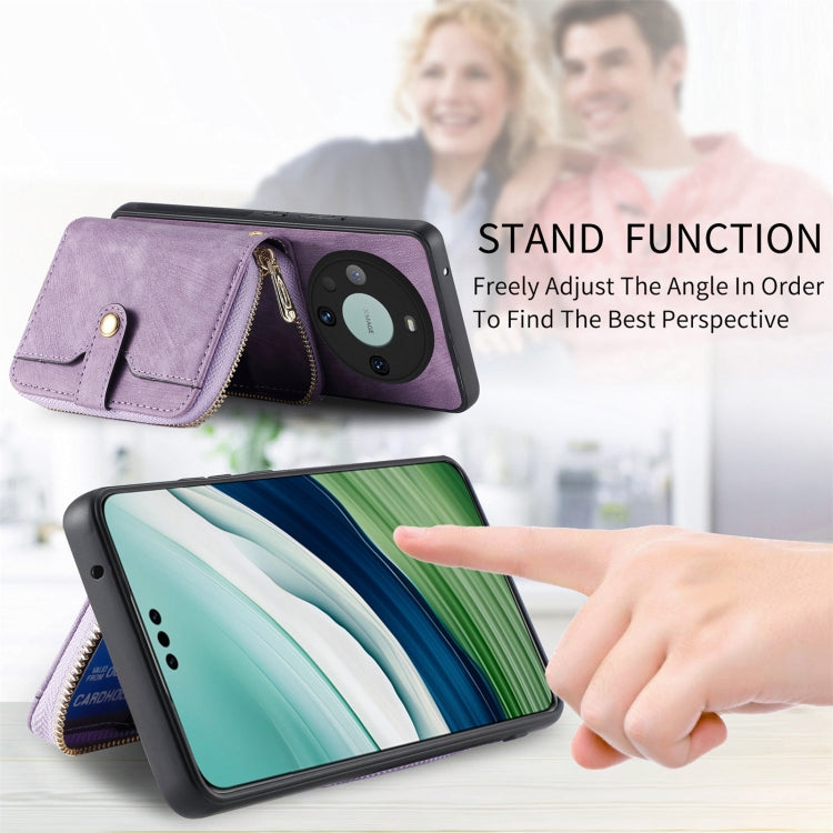 For Huawei Mate 60 Pro Crossbody Multi-function Zipper Wallet Phone Case(Purple) - Huawei Cases by PMC TechLife | Online Shopping South Africa | PMC TechLife | Buy Now Pay Later Mobicred