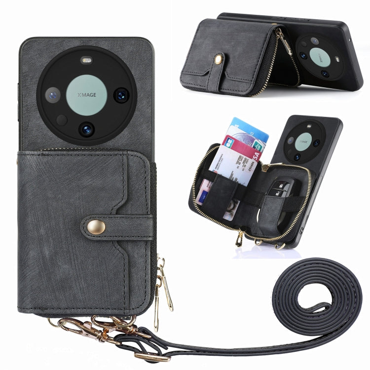 For Huawei Mate 60 Pro Crossbody Multi-function Zipper Wallet Phone Case(Black) - Huawei Cases by PMC TechLife | Online Shopping South Africa | PMC TechLife | Buy Now Pay Later Mobicred