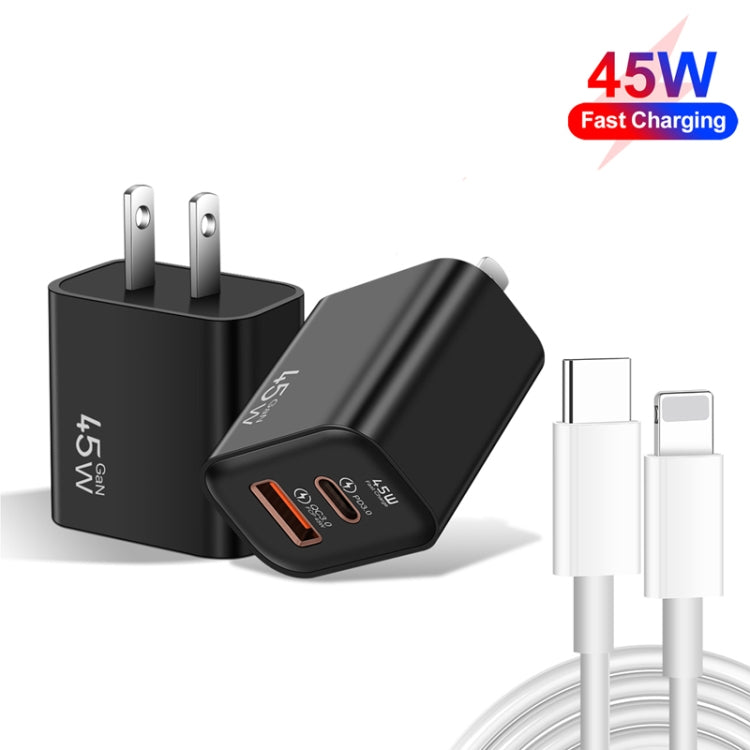 45PQ 45W PD25W + QC3.0 20W USB Super Fast Charger with Type-C to 8 Pin Cable, US Plug(Black) - free shipping - PMC Jewellery - Order now!