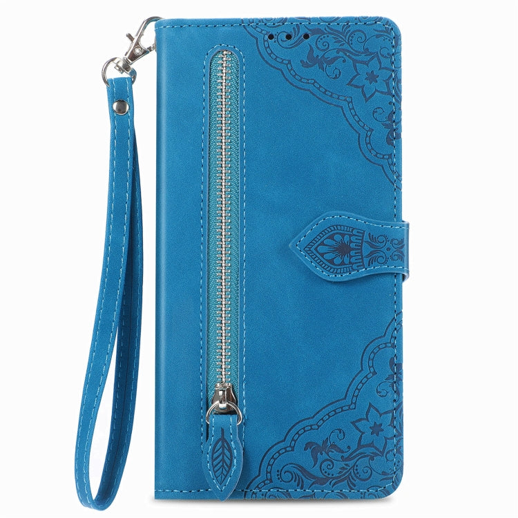 For Motorola Edge 2024 Embossed Flower Zipper Leather Phone Case(Blue) - free shipping - PMC Jewellery - Order now!