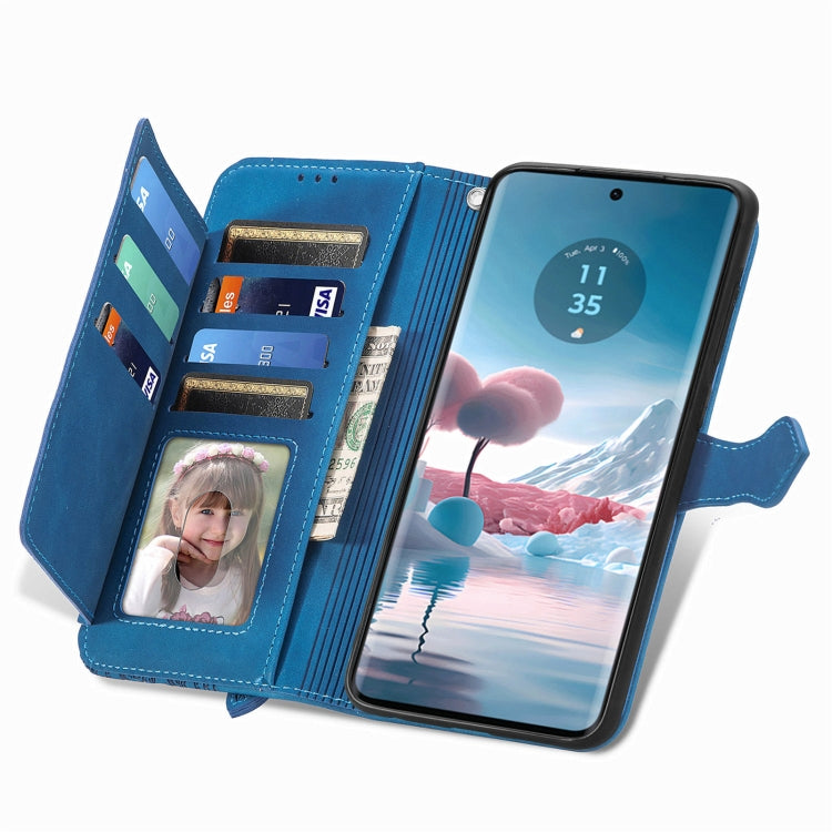 For Motorola Edge 2024 Embossed Flower Zipper Leather Phone Case(Blue) - free shipping - PMC Jewellery - Order now!