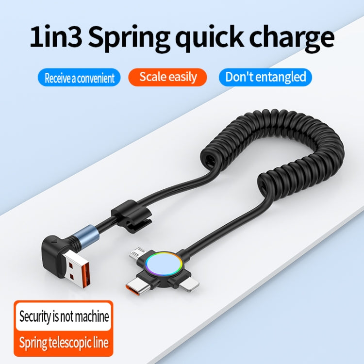 66W 3 in 1 USB Elbow to 8 Pin + Micro USB + USB-C / Type-C Fast Charging Spring Cable(Black) - Multifunction Cable by PMC TechLife | Online Shopping South Africa | PMC TechLife