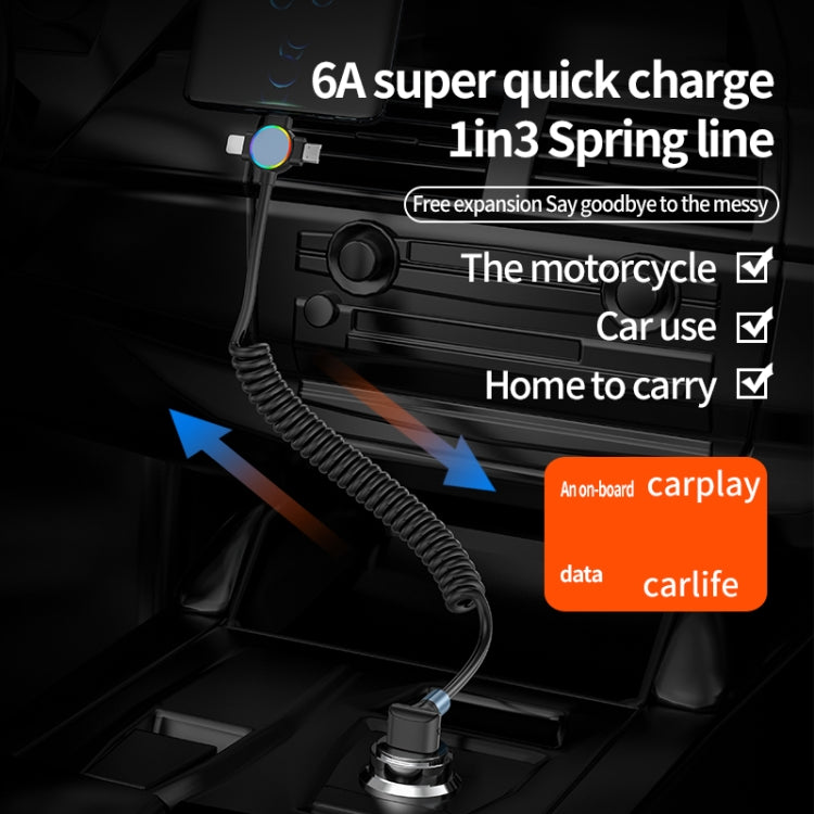 66W 3 in 1 USB Elbow to 8 Pin + Micro USB + USB-C / Type-C Fast Charging Spring Cable(Black) - Multifunction Cable by PMC TechLife | Online Shopping South Africa | PMC TechLife