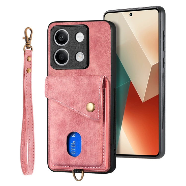 For Xiaomi Redmi Note 13 5G Retro Card Wallet Fold Leather Phone Case with Strap(Pink) - Note 13 Cases by PMC TechLife | Online Shopping South Africa | PMC TechLife | Buy Now Pay Later Mobicred