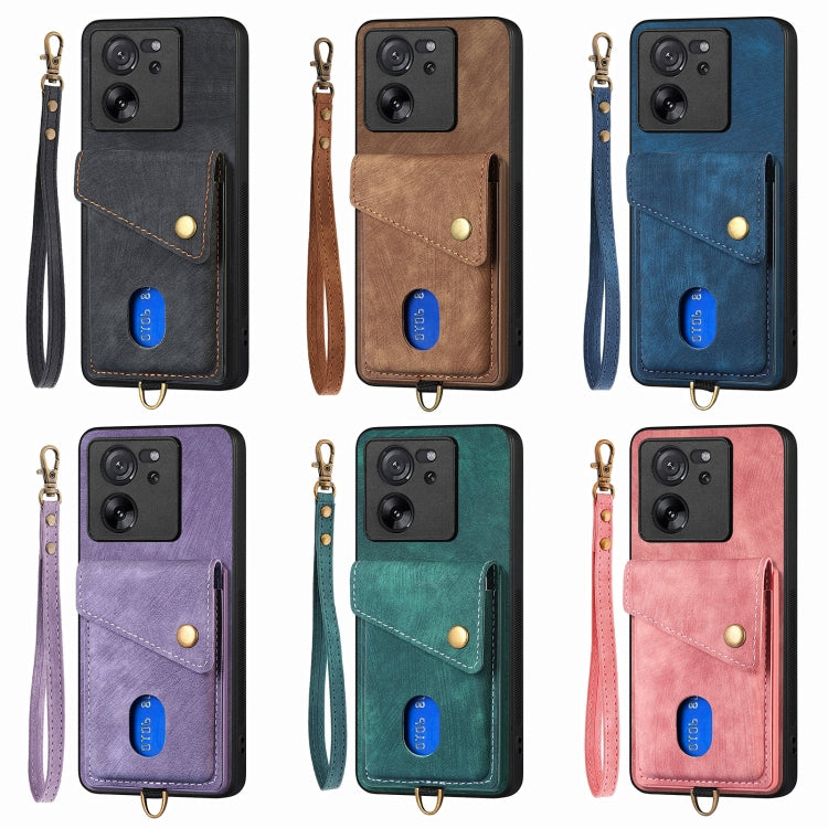 For Xiaomi Redmi Note 13 5G Retro Card Wallet Fold Leather Phone Case with Strap(Pink) - Note 13 Cases by PMC TechLife | Online Shopping South Africa | PMC TechLife | Buy Now Pay Later Mobicred