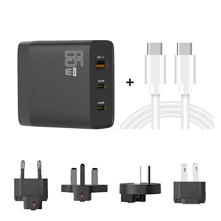 GAN 65W PD45W Dual Type-C / QC3.0 USB  Multi Compatible Charger + 2m USB-C to USB-C Data Cable EU + UK + AU +US Plug Black - Cable & Adapter by PMC Jewellery | Online Shopping South Africa | PMC Jewellery | Buy Now Pay Later Mobicred