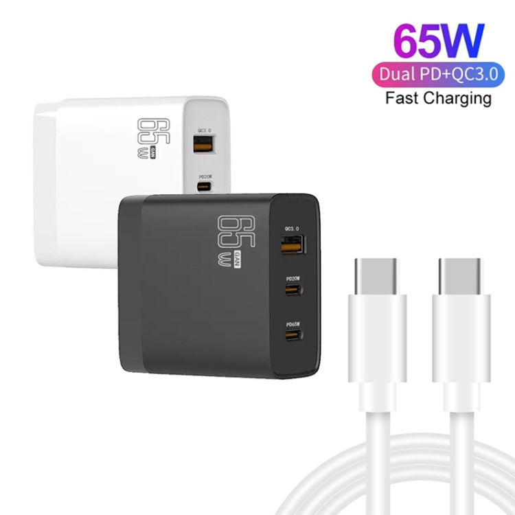 GAN 65W PD45W Dual Type-C / QC3.0 USB  Multi Compatible Charger + 2m USB-C to USB-C Data Cable EU + US Plug Black - Cable & Adapter by PMC Jewellery | Online Shopping South Africa | PMC Jewellery | Buy Now Pay Later Mobicred