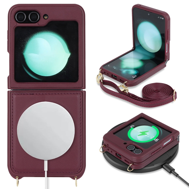 For Samsung Galaxy Z Flip5 5G Crossbody R20 Texture Leather Magsafe Phone Case(Brown) - Galaxy Z Flip5 Cases by PMC TechLife | Online Shopping South Africa | PMC TechLife