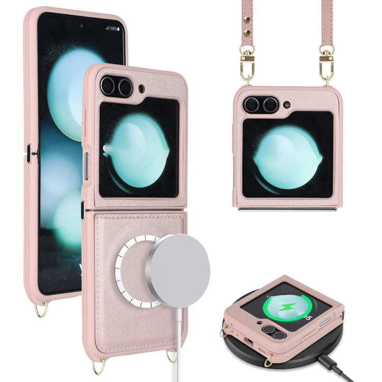 For Samsung Galaxy Z Flip5 5G Crossbody R20 Texture Leather Magsafe Phone Case(Pink) - Galaxy Z Flip5 Cases by PMC TechLife | Online Shopping South Africa | PMC TechLife | Buy Now Pay Later Mobicred