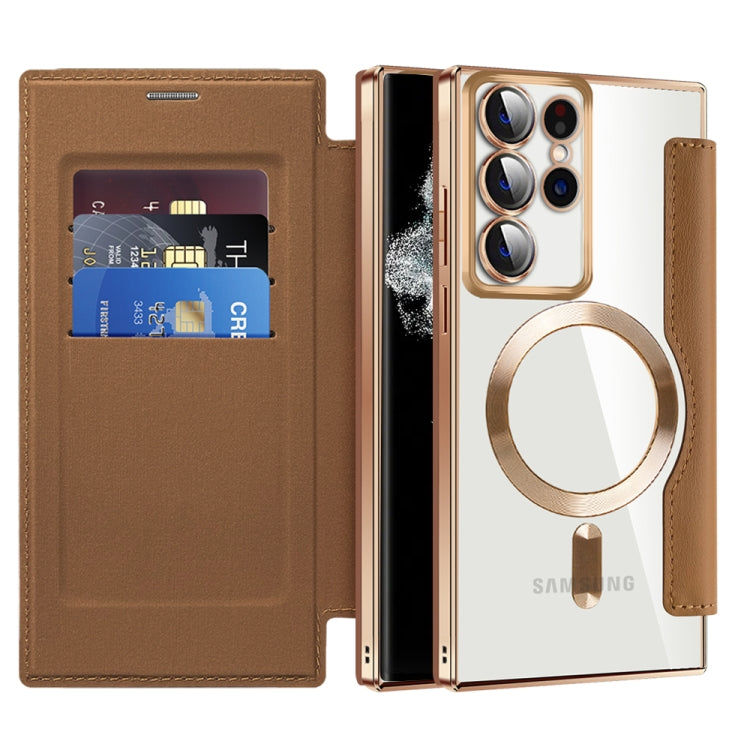 For Samsung Galaxy S22 Ultra 5G Shield MagSafe RFID Anti-theft Leather Phone Case(Brown) - free shipping - PMC TechLife - Order now!