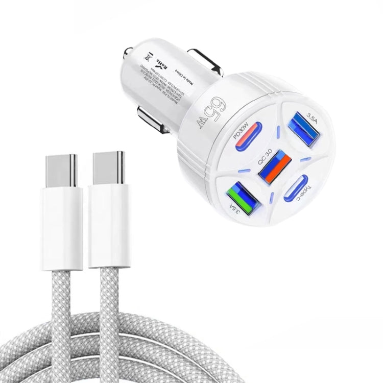 TE-P50 65W PD30W Type-C x 2 + USB x 3 Multi Port Car Charger with 1m Type-C to Type-C Data Cable(White) - Car Charger by PMC TechLife | Online Shopping South Africa | PMC TechLife | Buy Now Pay Later Mobicred