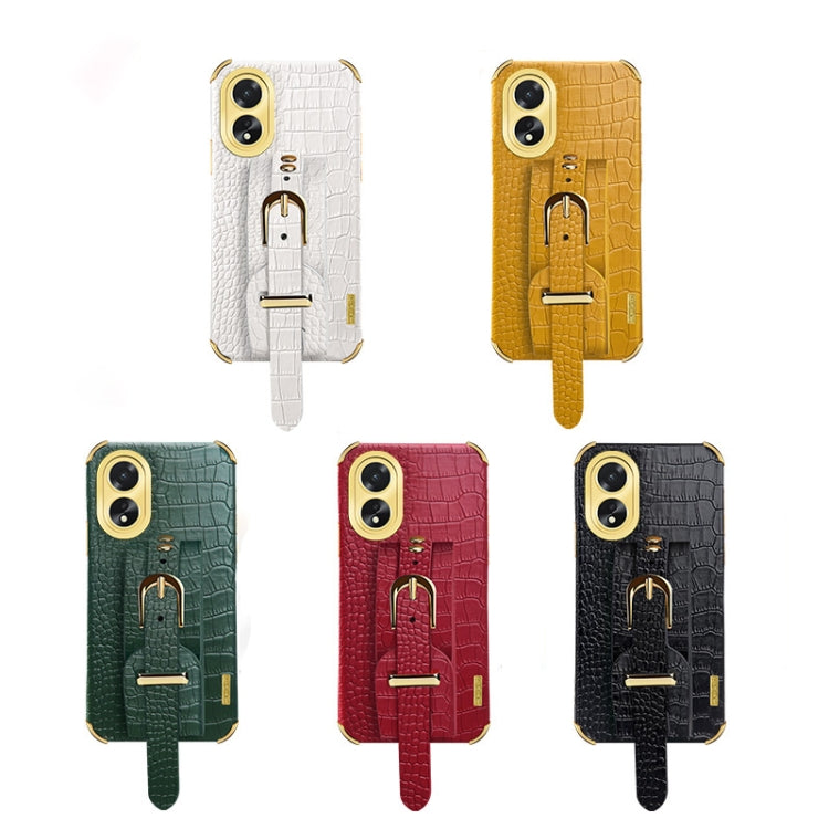 For OPPO A38 Electroplated Wrist Strap Crocodile Leather Back Phone Case(White) - OPPO Cases by PMC TechLife | Online Shopping South Africa | PMC TechLife | Buy Now Pay Later Mobicred