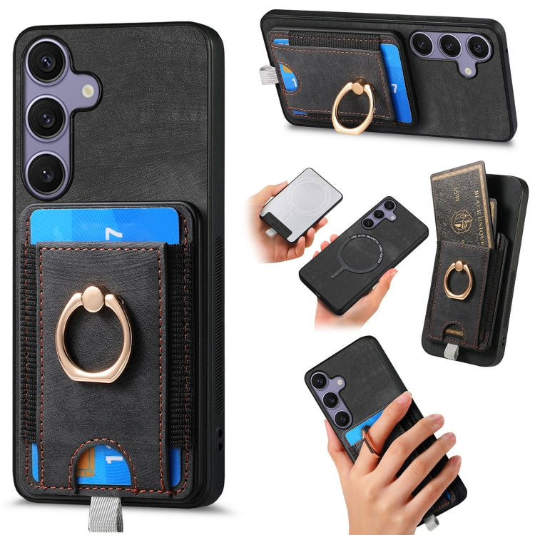 For Samsung Galaxy S25+ 5G Retro Splitable Magnetic Card Bag Leather Phone Case(Black) - Galaxy Phone Cases by PMC Jewellery | Online Shopping South Africa | PMC Jewellery | Buy Now Pay Later Mobicred