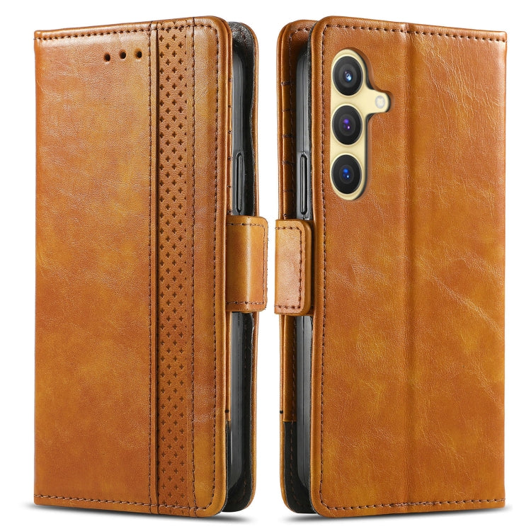For Samsung Galaxy S25 5G CaseNeo Splicing Dual Magnetic Buckle Leather Phone Case(Khaki) - Galaxy S25 5G Cases by CaseNeo | Online Shopping South Africa | PMC Jewellery | Buy Now Pay Later Mobicred