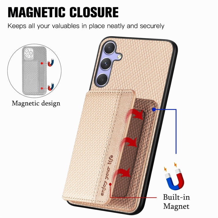 For Samsung Galaxy S25 5G Carbon Fiber Magnetic Card Wallet RFID Blocking Phone Case(Khaki) - free shipping - PMC Jewellery - Order now!
