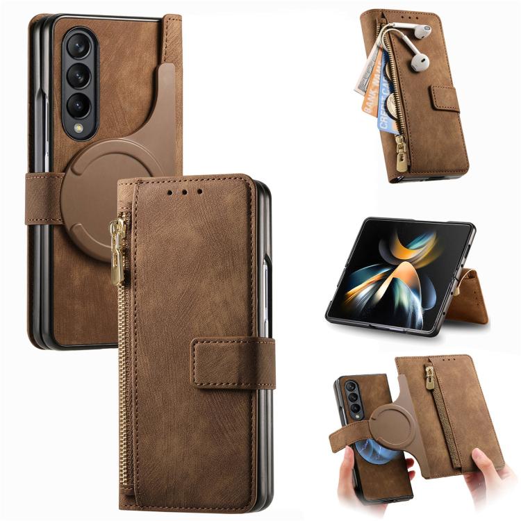 For Samsung Galaxy Z Fold4 Retro MagSafe Magnetic Zipper Wallet Leather Phone Case(Brown) - Galaxy Z Fold4 5G Cases by PMC TechLife | Online Shopping South Africa | PMC TechLife | Buy Now Pay Later Mobicred