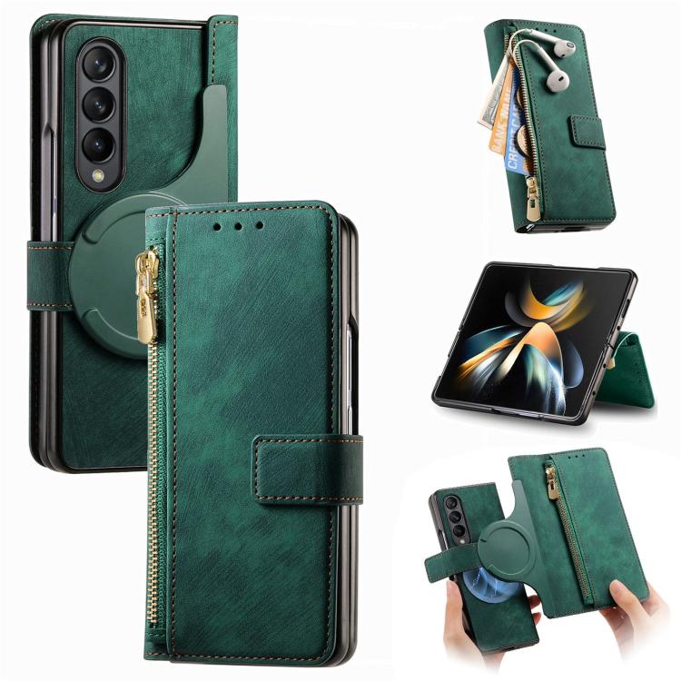 For Samsung Galaxy Z Fold4 Retro MagSafe Magnetic Zipper Wallet Leather Phone Case(Green) - free shipping - PMC TechLife - Order now!