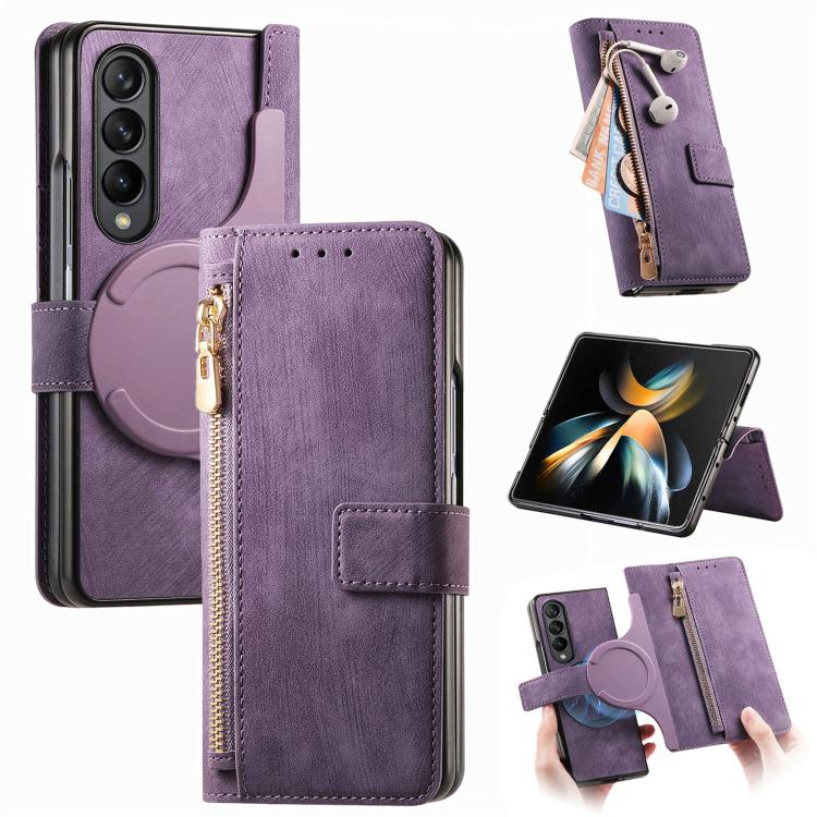 For Samsung Galaxy Z Fold4 Retro MagSafe Magnetic Zipper Wallet Leather Phone Case(Purple) - Galaxy Z Fold4 5G Cases by PMC TechLife | Online Shopping South Africa | PMC TechLife | Buy Now Pay Later Mobicred