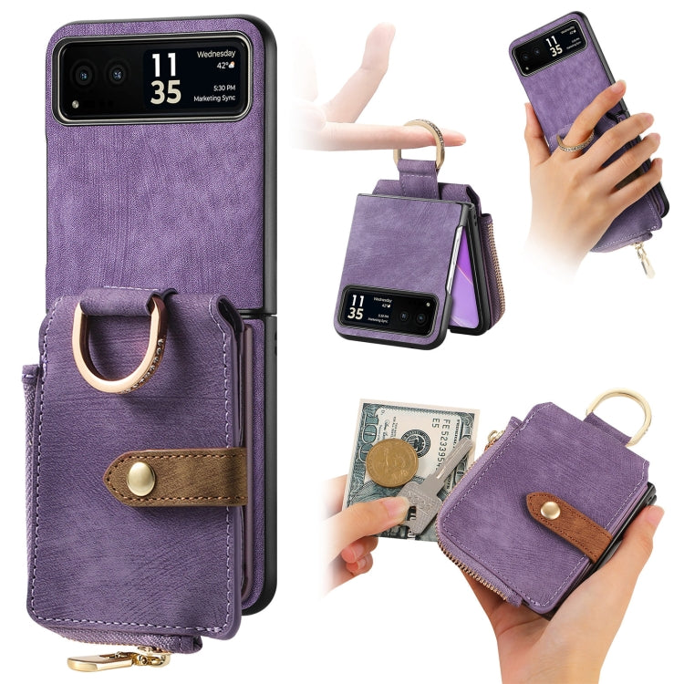For Motorola Razr 40 Retro Skin-feel Ring Multi-card Wallet Phone Case(Purple) - Motorola Cases by PMC TechLife | Online Shopping South Africa | PMC TechLife | Buy Now Pay Later Mobicred