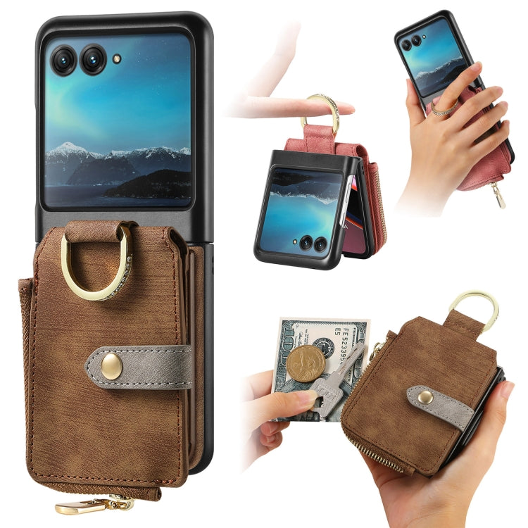 For Motorola Razr 40 Ultra Retro Skin-feel Ring Multi-card Wallet Phone Case(Brown) - Motorola Cases by PMC TechLife | Online Shopping South Africa | PMC TechLife | Buy Now Pay Later Mobicred