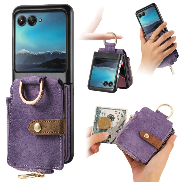 For Motorola Razr 40 Ultra Retro Skin-feel Ring Multi-card Wallet Phone Case(Purple) - Motorola Cases by PMC TechLife | Online Shopping South Africa | PMC TechLife | Buy Now Pay Later Mobicred