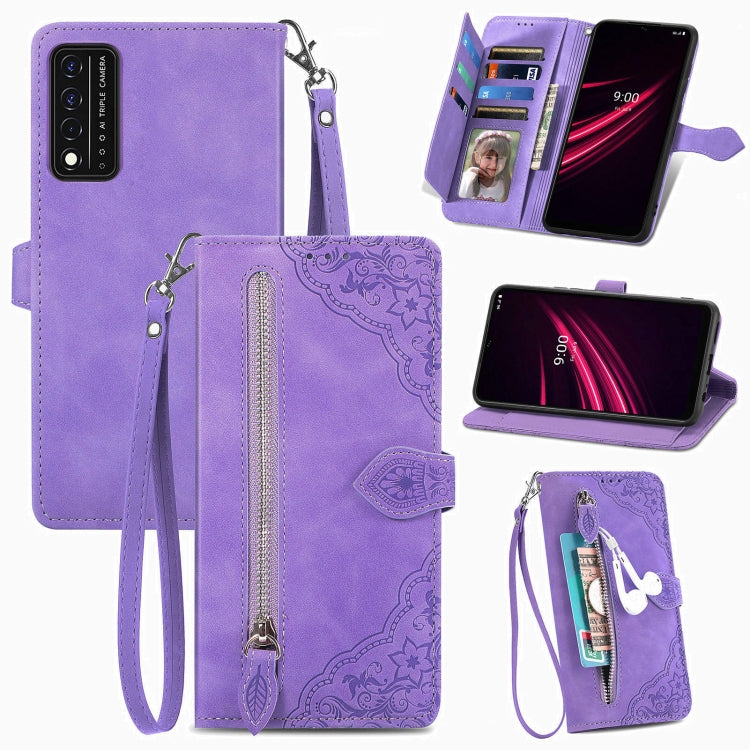 For T-Mobile REVVL V+ 5G Embossed Flower Zipper Leather Phone Case(Purple) - More Brand by PMC TechLife | Online Shopping South Africa | PMC TechLife