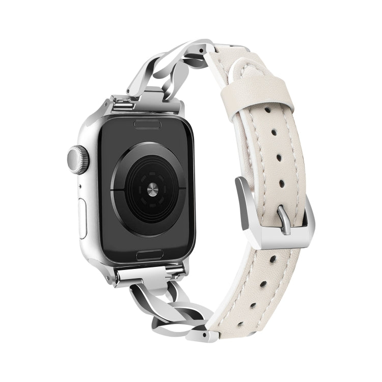 For Apple Watch SE 2023 44mm Rhinestone Denim Chain Leather Watch Band(Beige) - Watch Bands by PMC TechLife | Online Shopping South Africa | PMC TechLife | Buy Now Pay Later Mobicred