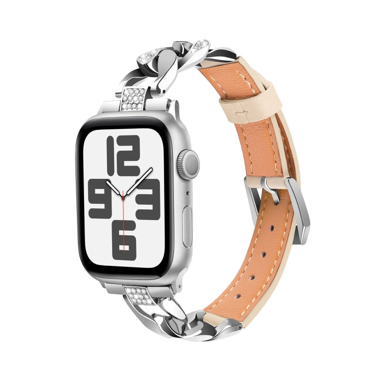 For Apple Watch SE 2023 44mm Rhinestone Denim Chain Leather Watch Band(Apricot) - Watch Bands by PMC TechLife | Online Shopping South Africa | PMC TechLife | Buy Now Pay Later Mobicred