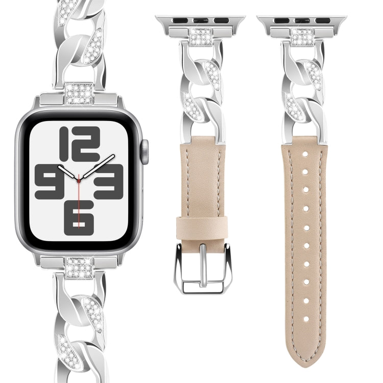 For Apple Watch SE 2023 44mm Rhinestone Denim Chain Leather Watch Band(Apricot) - Watch Bands by PMC TechLife | Online Shopping South Africa | PMC TechLife | Buy Now Pay Later Mobicred