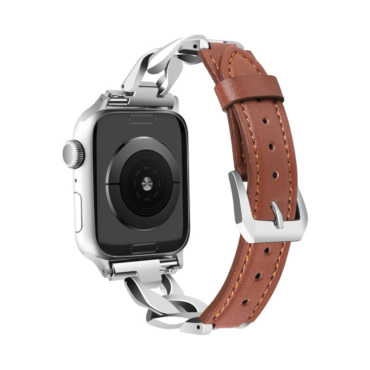 For Apple Watch SE 2023 40mm Rhinestone Denim Chain Leather Watch Band(Brown) - Watch Bands by PMC TechLife | Online Shopping South Africa | PMC TechLife | Buy Now Pay Later Mobicred