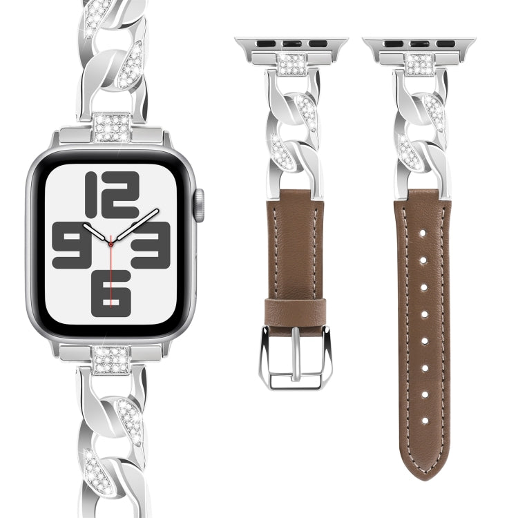 For Apple Watch SE 2023 40mm Rhinestone Denim Chain Leather Watch Band(Dark Brown) - Watch Bands by PMC TechLife | Online Shopping South Africa | PMC TechLife | Buy Now Pay Later Mobicred