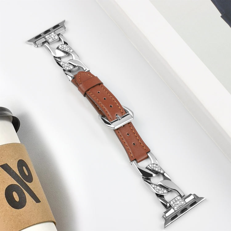 For Apple Watch Ultra 2 49mm Rhinestone Denim Chain Leather Watch Band(Brown) - Watch Bands by PMC TechLife | Online Shopping South Africa | PMC TechLife | Buy Now Pay Later Mobicred