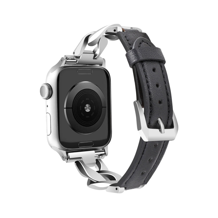 For Apple Watch Series 9 45mm Rhinestone Denim Chain Leather Watch Band(Black) - Watch Bands by PMC TechLife | Online Shopping South Africa | PMC TechLife | Buy Now Pay Later Mobicred