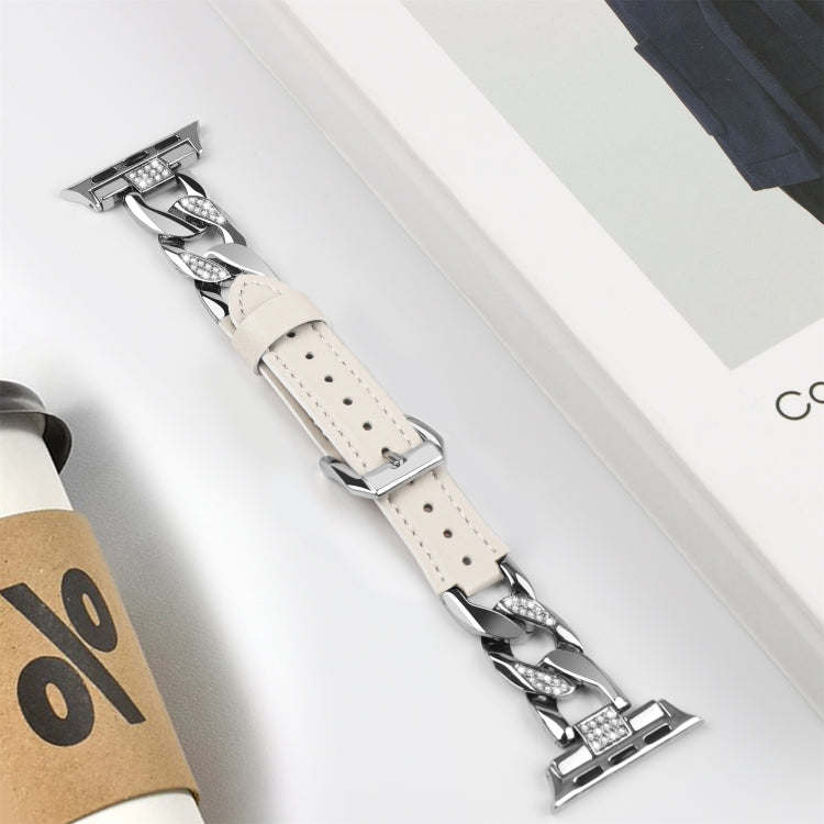 For Apple Watch Ultra 49mm Rhinestone Denim Chain Leather Watch Band(Beige) - Watch Bands by PMC TechLife | Online Shopping South Africa | PMC TechLife | Buy Now Pay Later Mobicred