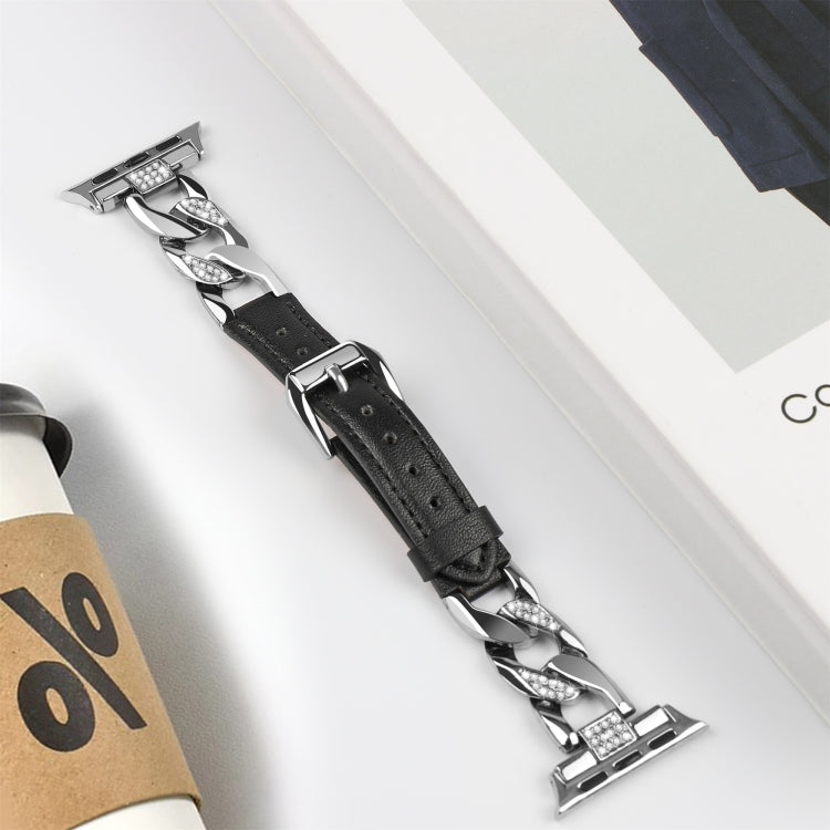 For Apple Watch Series 8 45mm Rhinestone Denim Chain Leather Watch Band(Black) - Watch Bands by PMC TechLife | Online Shopping South Africa | PMC TechLife